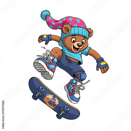 Cartoon Bear Skateboarder with Pink and Blue Beanie MidAir Trick