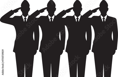 Four businessmen salute smartly in synchronized unity