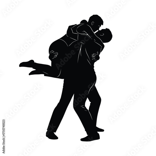 Silhouette of a man standing with a person leaning their head on his shoulder in black and white