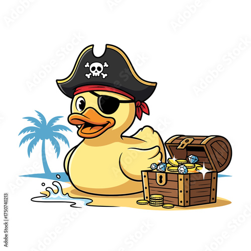 Cartoon Pirate Rubber Duck with Eye Patch and Treasure Chest on Beach