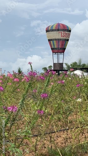 August 10 2025, Phetchabun province, Thailand : Wind turbine and hot air ballon in the flower field  at Rai Jerchai, Khao Kho. 