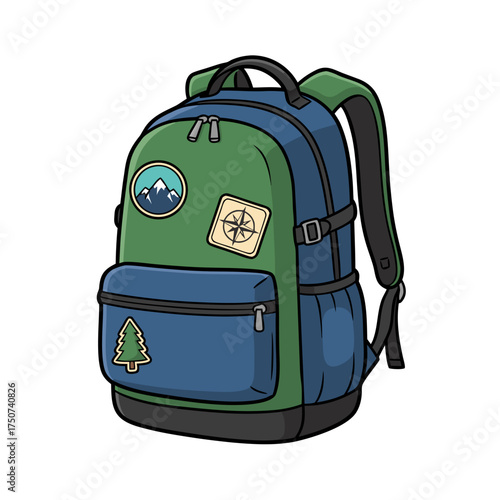 Cartoon adventure backpack with mountain and compass patches for outdoor exploration and hiking trips