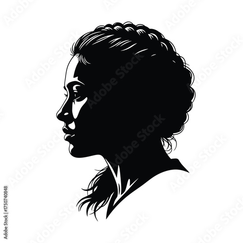 Silhouette of a woman with braided hair and a ponytail in a side profile on white background