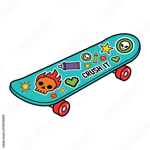 Colorful cartoon skateboard with edgy pop art stickers for youth culture and street style concepts