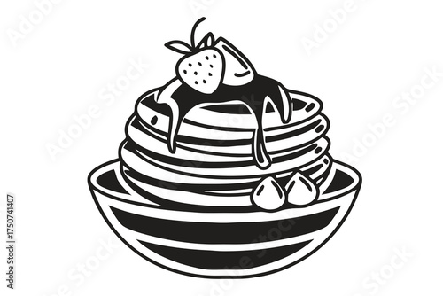 Pancake Stack with Syrup and Strawberry Silhouette Vector Illustration