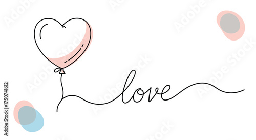 A simple illustration of a heart shaped balloon floating and tied with a string that spells out the word love.