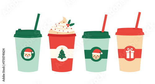 Festive holiday season takeaway cups with cheerful Christmas designs and straws.