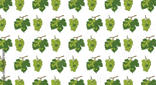 A repeating pattern of green grapes with leaves on a white background.