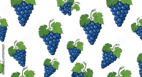 A delightful pattern of ripe blue grapes with vibrant green leaves arranged on a white background.