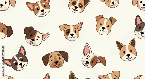 A charming pattern featuring various cute puppy dog faces with expressive eyes and adorable ears.