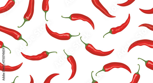 A vibrant pattern of red chili peppers scattered across a white background. 