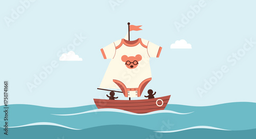 Adorable teddy bear themed baby outfit sails across the ocean on a tiny boat.