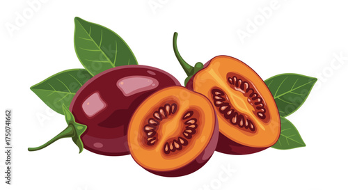 Tamarillo fruits with vibrant red skins and juicy orange flesh.