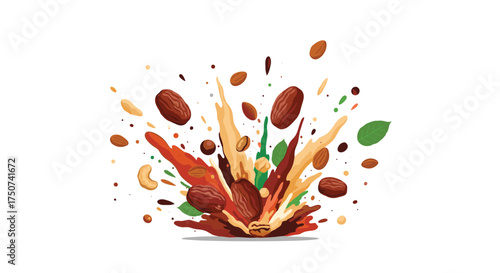 A dynamic explosion of various nuts and seeds with splashes of liquid creating a vibrant and energetic composition.