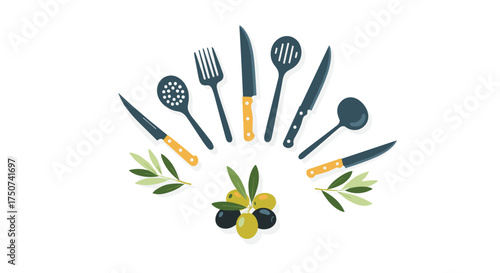A collection of culinary tools and fresh olives arranged in a circular pattern.
