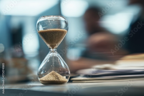 Hourglass on a desk in a blurred office setting