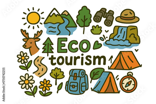 Eco Tourism Icons. Eco tourism. Hand-drawn doodle illustration of Eco tourism. trail, mountain, river, tree,