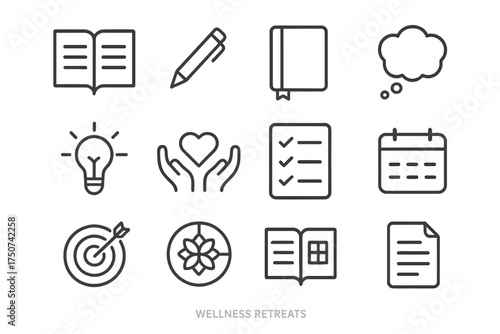 Wellness Retreat Icons. Wellness retreats. Line outline icon set of Wellness retreats: journal, pen,