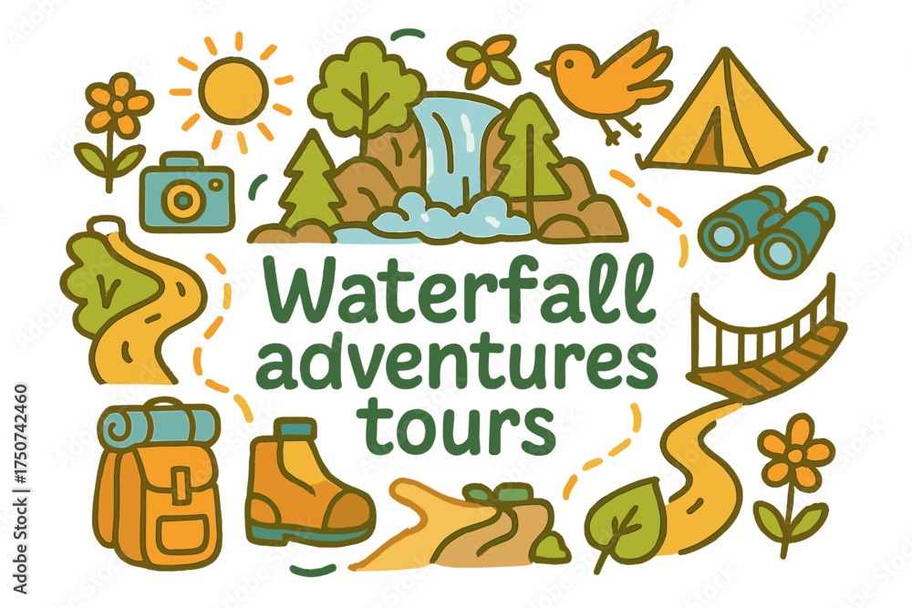 Fototapeta premium Waterfall Adventure Doodles. Waterfall adventures tours. Hand-drawn doodle illustration of Waterfall