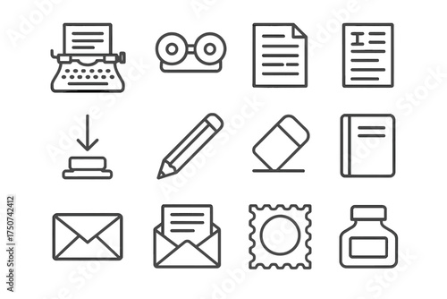 Vintage Typewriter Icons. A vintage typewriter with an unfinished manuscript on paper. Line outline icon set