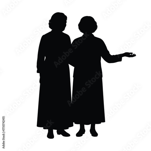 Silhouette of two women in long dresses standing together with one gesturing outward right