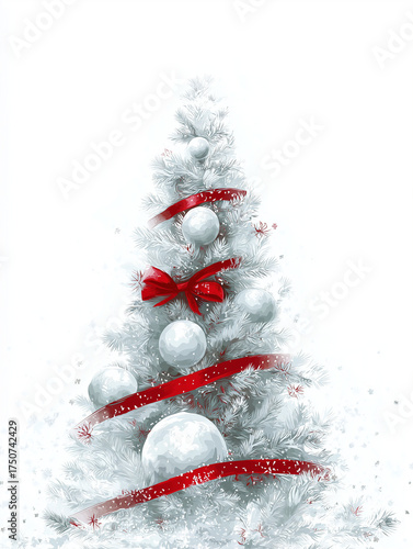 White snow christmas tree with red ribbon