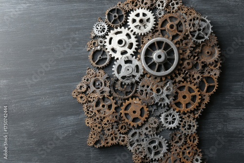 Gears arranged in a human head silhouette on a dark surface