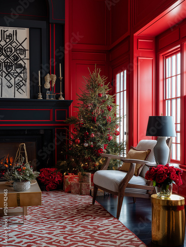 red living room with christmas tree