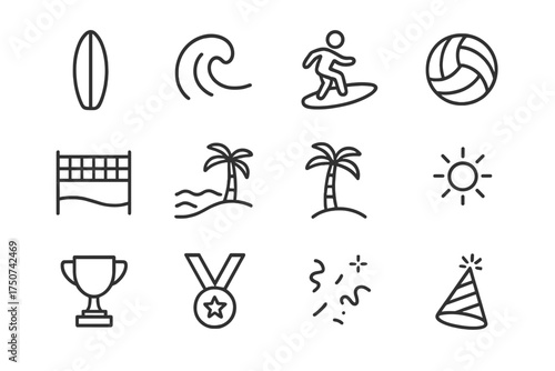 Beach Celebration Icons. Surfing or beach volleyball tournament celebrations. Line outline icon set of Surfing