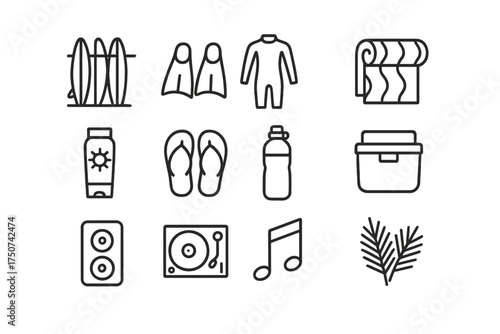 Beach Sports Icons. Surfing or beach volleyball tournament celebrations. Line outline icon set of Surfing or