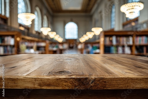 Wooden table in a library. Blurry interior of a large, light-filled library