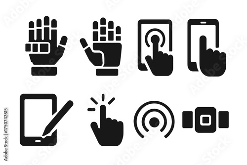 Wearable Robotics Icons. Wearable Robotics. Filled icon set of Wearable Robotics: exoskeleton hand, robotic