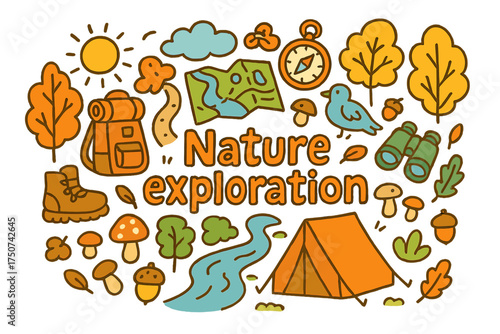 Nature Adventure Doodle. Nature exploration. Hand-drawn doodle illustration of Nature exploration. trail,