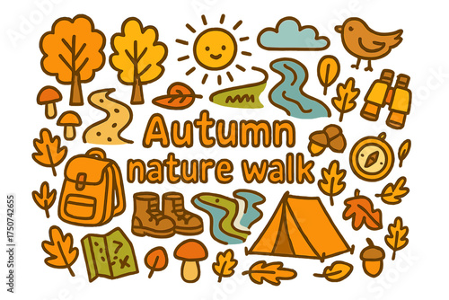 Autumn Nature Walk. Autumn nature walk. Hand-drawn doodle illustration of Autumn nature walk. trail, backpack,