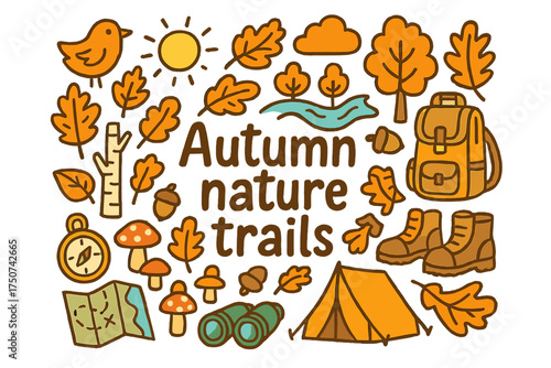 Autumn Nature Adventure. Autumn nature trails. Hand-drawn doodle illustration of Autumn nature trails. trail,