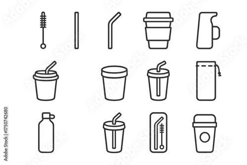 Eco-Friendly Icon Set. Reusable straw and eco-friendly cup. Line outline icon set of Reusable straw and