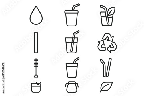 Eco-Friendly Straw Set. Reusable straw and eco-friendly cup. Line outline icon set of Reusable straw and