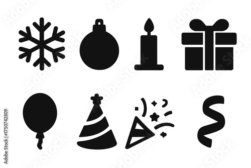 Festive Icon Set. Festive Mood. Filled icon set of Festive Mood: snowflake, ornament, candle, gift box,
