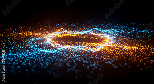 Abstract glowing particle ring on black background, representing data stream, technology, science, or futuristic concepts with dynamic and vibrant colors