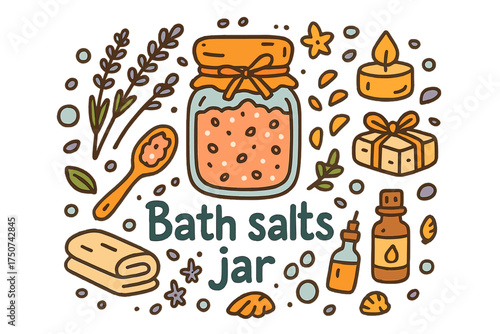 Bath Time Essentials. Bath salts jar. Hand-drawn doodle illustration of Bath salts jar. jar, bath salts, spoon