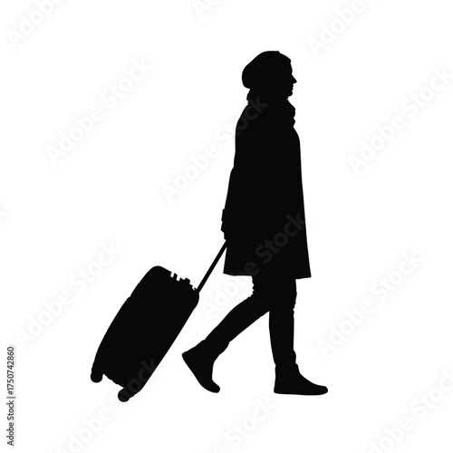Silhouette of a woman in a coat and hat pulling a suitcase on wheels against white background