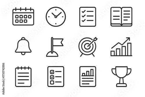 Workwear Trend Icons. Workwear trends. Line outline icon set of Workwear trends: calendar, clock, checklist,