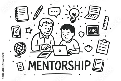 Mentorship Doodle Art. Mentorship. Hand-drawn doodle illustration of Mentorship. In the middle, one slightly