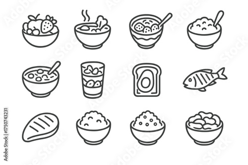 Healthy Eating Icons. Healthy eating habits. Line outline icon set of Healthy eating habits: fruit salad,
