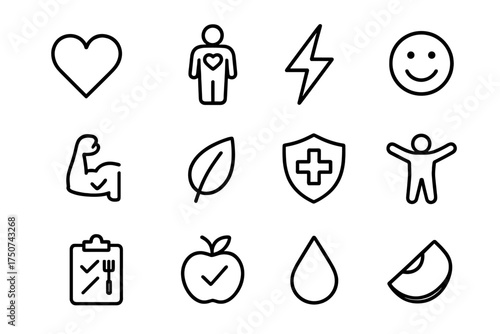 Healthy Habits Icons. Healthy eating habits. Line outline icon set of Healthy eating habits: heart icon,