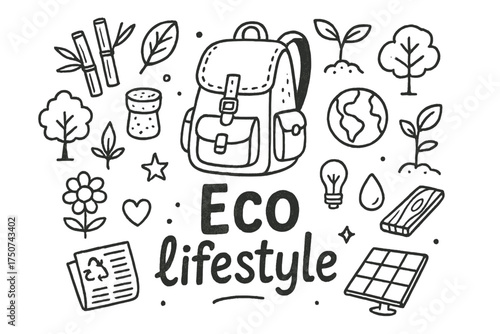 Eco Lifestyle Doodles. Eco lifestyle. Hand-drawn doodle illustration of Eco lifestyle. In the middle, one