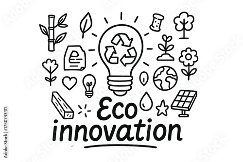Eco Innovation Doodle Art. Eco innovation. Hand-drawn doodle illustration of Eco innovation. In the middle,