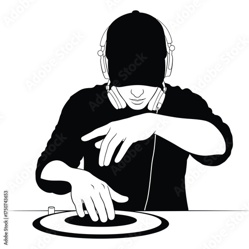 A black and white drawing of a dj with headphones and a cap playing on a turntable vinyl silhouette
