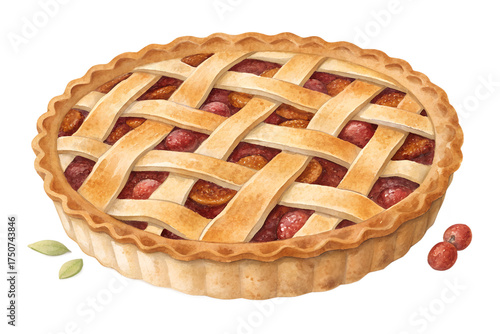 Watercolor lattice pie with golden crust and sweet filling, hand painted bakery dessert illustration. Rustic homemade tart isolated on transparent background, perfect for autumn recipes, Thanksgiving 