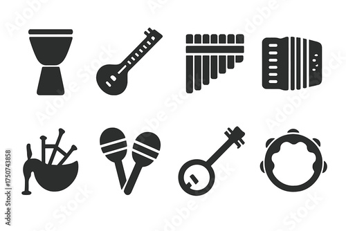 Iconic Regional Instruments. Regional Music Instruments. Filled icon set of Regional Music Instruments: djembe